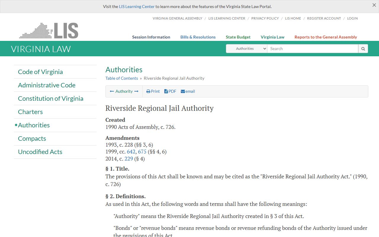 Riverside Regional Jail authority law for Surry County inmate custody